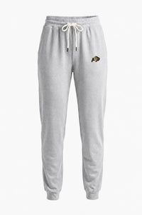 Light heather gray sweatpants with a white drawstring and a green 'BU' logo on the left thigh, shown against a plain white background.