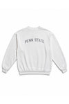 A white crewneck sweatshirt featuring 'PENN STATE' printed across the chest in a dark gray arched font, displayed flat against a white background.