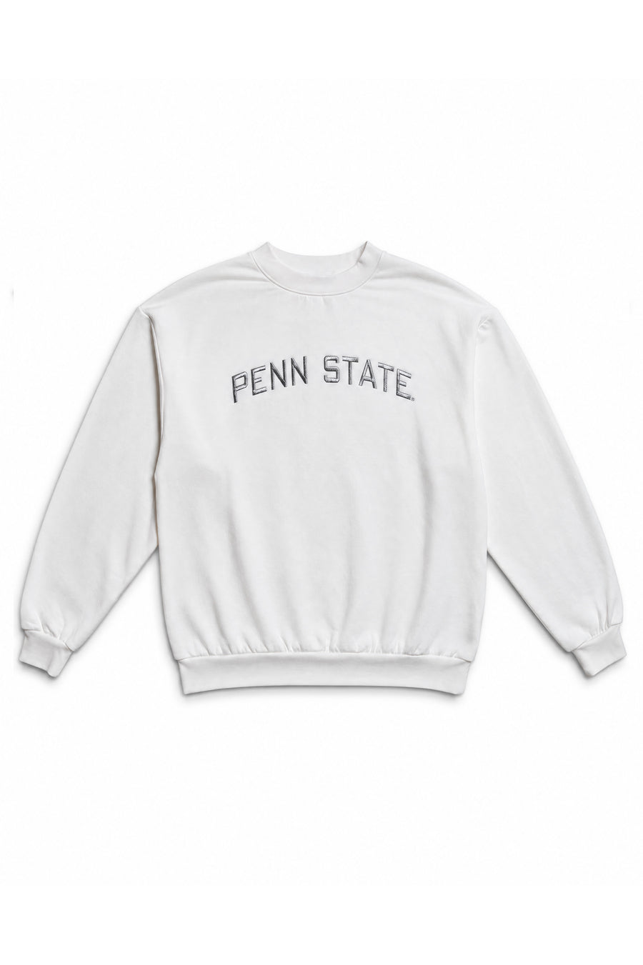 A white crewneck sweatshirt featuring 'PENN STATE' printed across the chest in a dark gray arched font, displayed flat against a white background.