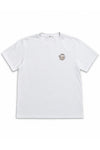 A white short-sleeve crewneck t-shirt with a small cartoon graphic on the left chest, displayed flat against a white background.