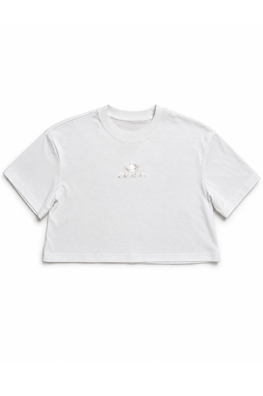 A white short-sleeve crop top t-shirt with a small, subtle metallic gold graphic on the center chest, displayed flat against a solid white background.