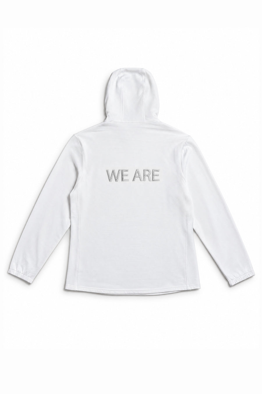 A white hooded long-sleeve shirt shown from the back, featuring the text 'WE ARE' printed in a light gray tone across the upper back.