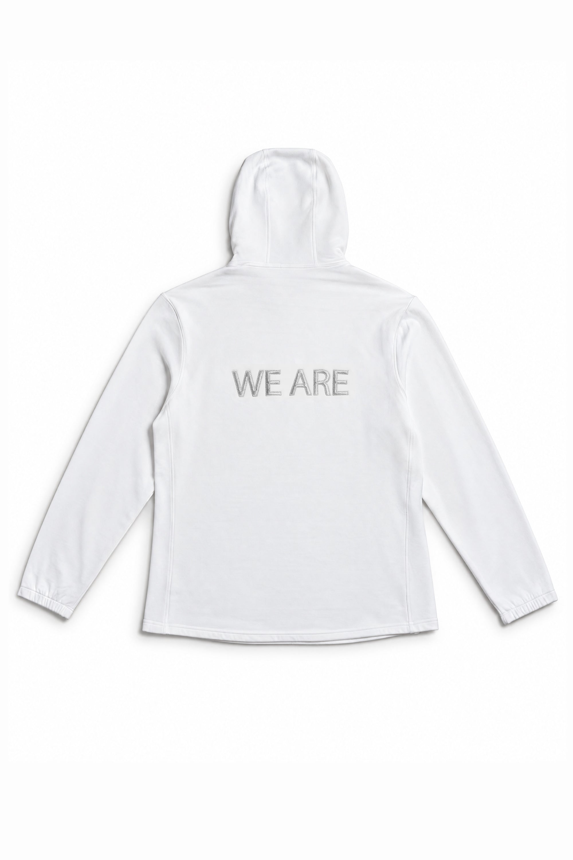 A white hooded long-sleeve shirt shown from the back, featuring the text 'WE ARE' printed in a light gray tone across the upper back.