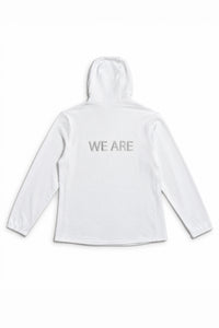 A white hooded long-sleeve shirt shown from the back, featuring the text 'WE ARE' printed in a light gray tone across the upper back.