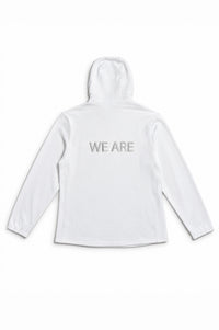 A white hooded long-sleeve shirt shown from the back, featuring the text 'WE ARE' printed in a light gray tone across the upper back.