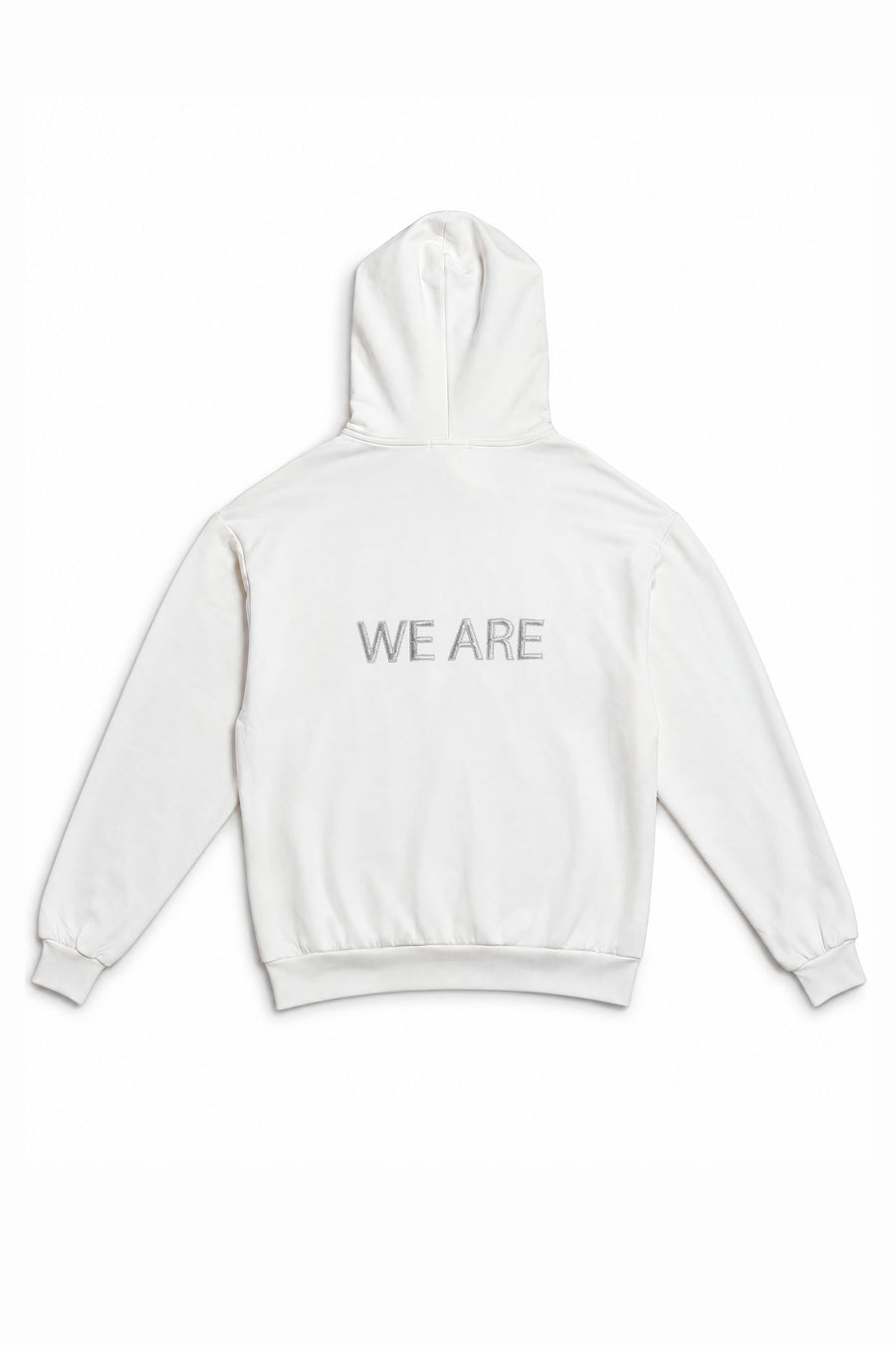 A white pullover hoodie shown from the back, featuring the text 'WE ARE' printed in a light gray sans-serif font across the upper back.