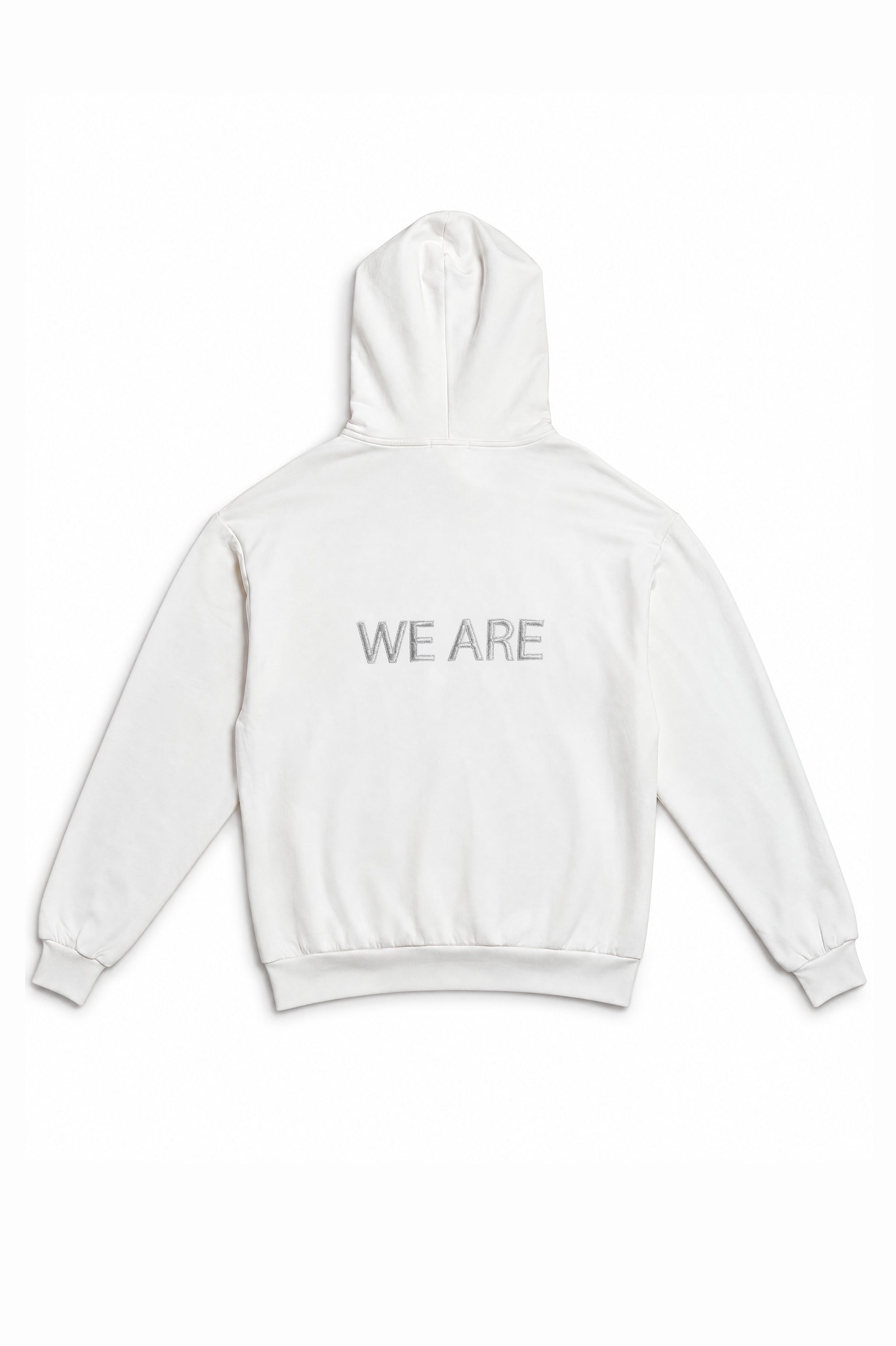 A white pullover hoodie shown from the back, featuring the text 'WE ARE' printed in a light gray sans-serif font across the upper back.