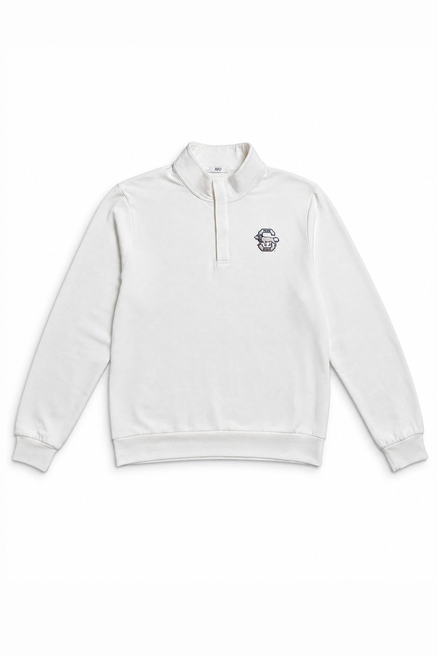 A white long-sleeve quarter-zip sweatshirt with a small graphic logo on the left chest, displayed flat against a white background.
