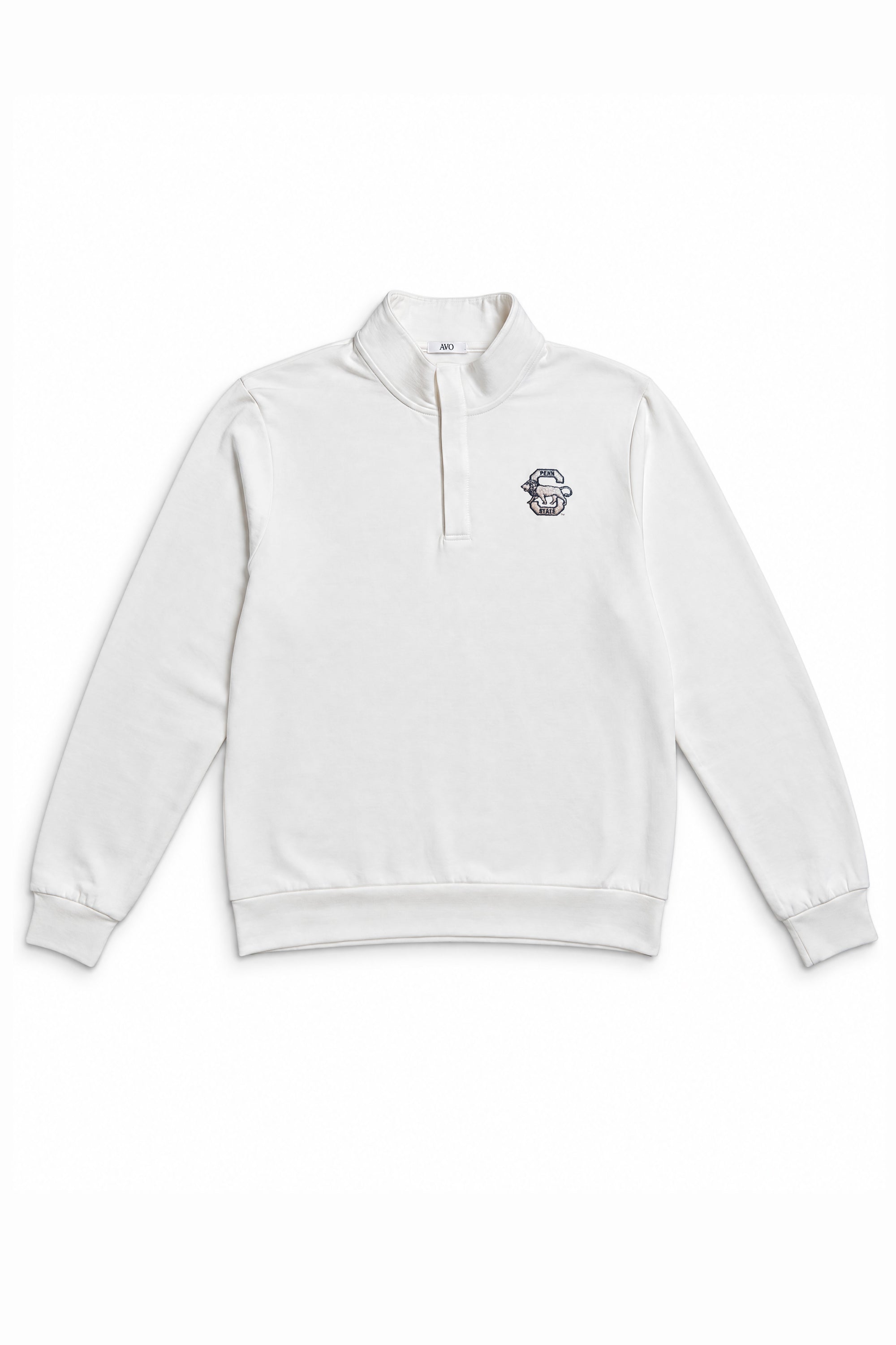 A white long-sleeve quarter-zip sweatshirt with a small graphic logo on the left chest, displayed flat against a white background.