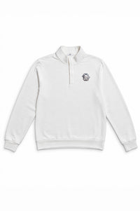 A white long-sleeve quarter-zip sweatshirt with a small graphic logo on the left chest, displayed flat against a white background.
