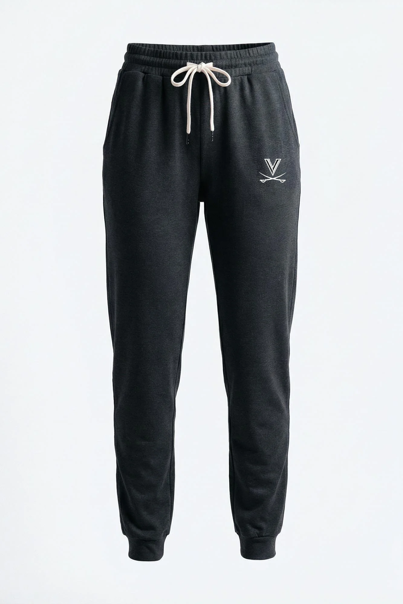 Black sweatpants with a logo on a light gray background