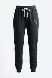 Black sweatpants with a logo on a light gray background