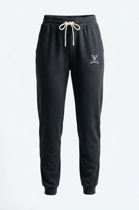 Black sweatpants with a logo on a light gray background
